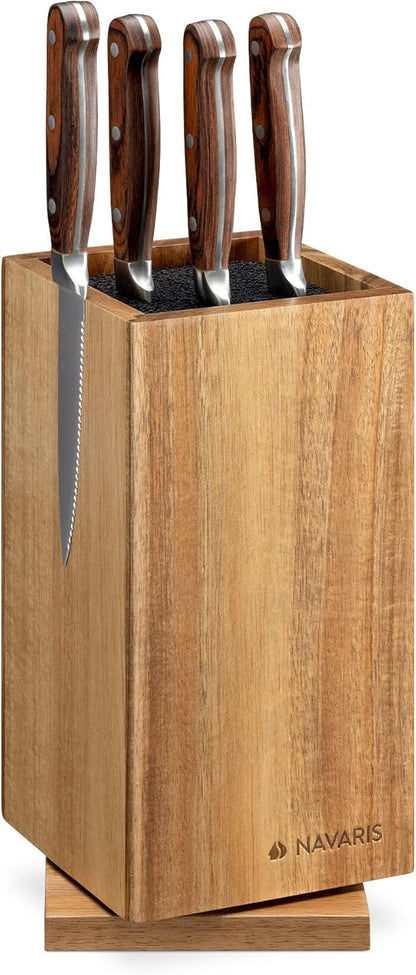 Navaris Bamboo Kitchen Knife Block - Magnetic Rotating Bristle Knife Holder - Universal Knife Block Storage Stand with Bristles - 9.8" x 4.9" x 4.9"