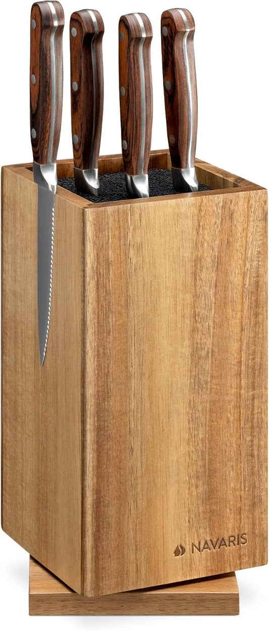 Navaris Bamboo Kitchen Knife Block - Magnetic Rotating Bristle Knife Holder - Universal Knife Block Storage Stand with Bristles - 9.8" x 4.9" x 4.9"