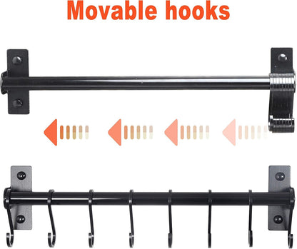 Dseap Kitchen Utensil Holder Hanger, Pot and Pan Rack Wall Mounted, Kitchen Rail with 8 Hooks for Hanging Cooking Utensils, Mugs, Spoons, Wall Mounted, Silver