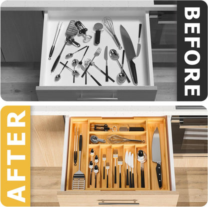 Utensil Organizer Silverware Drawer Organizer - Bamboo Expandable Cutlery Tray with Dividers for Utensil Holder Office Storage Makeup Desk Drawer Tool Organization W13.5"-19.5" x L17.5" x H2.5"(Black) | Expandable