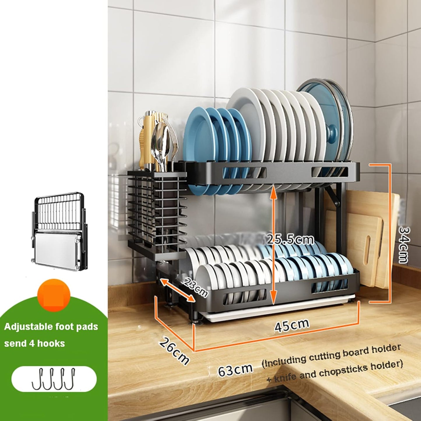 XINGAKA Wall Mounted Stainless Steel Dish Drying Rack, 1 Collapsible Double Layer Dish Drainer with Removable Water Tray, 1 Cutting Board Holder, 1 Knife Chopsticks Rest