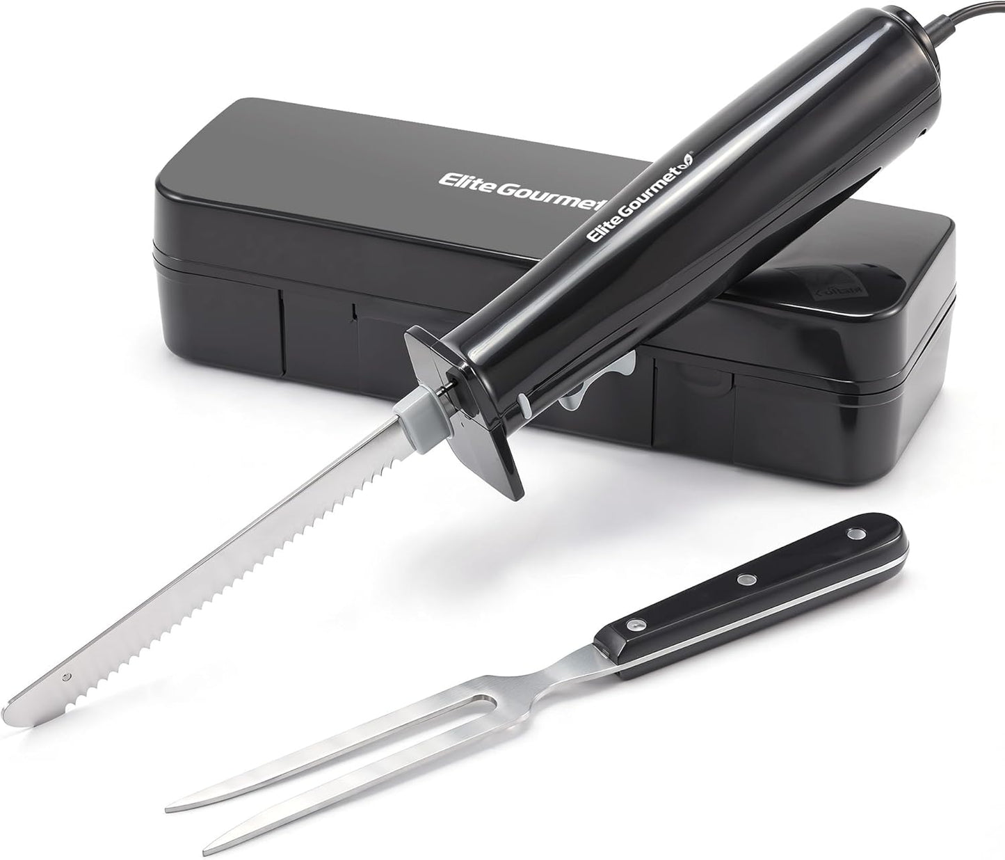 Elite Gourmet Electric Knife Set for Carving Meats, Bread & More. Pressure-activated On/Off Switch, Safety Lock, 2 Serrated Stainless-Steel Blade Sets, Storage Case, Carving/Serving Fork, Black