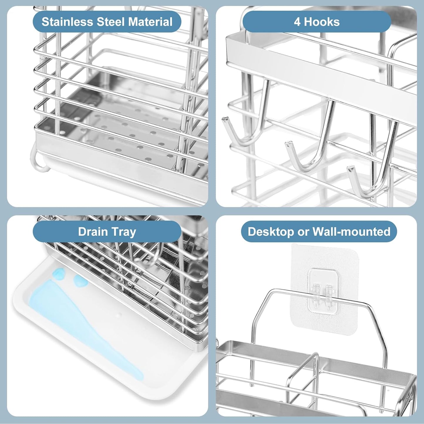Utensil Holder, Stainless Steel Utensil Drying Rack with Drain Tray, Kitchen Counter Drainer Basket Silverware Cutlery Flatware Holder Forks, Knives, Spoons, Chopsticks Organizer (Black)