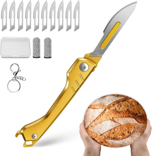 CRUIFU Bread Lame Dough Scoring Tool – Multi-Purpose Scoring Knife, Folding Bread Scorer Tool for Sourdough & Bread Baking with 10 Bread Razor Blades （Gray）