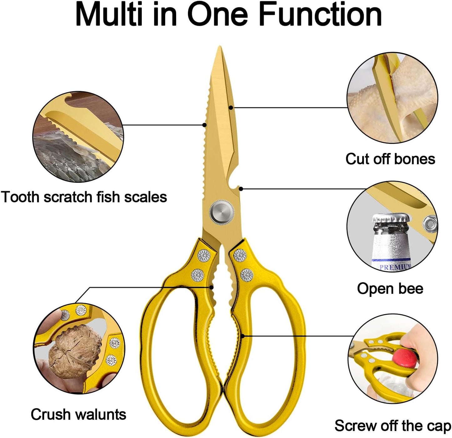 CGBE Kitchen Scissors All Purpose Heavy Duty, Ultra Sharp Stainless Steel Kitchen Shears Dishwasher Safe, Cooking Shears for Chicken, Poultry, Fish, Meat, Herbs & Grapes with Non-Slip Grips - Gold
