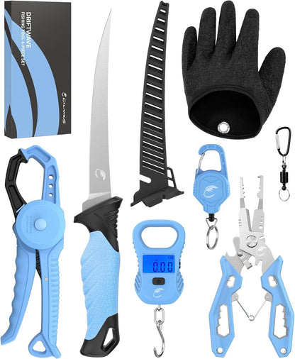 Calamus DriftWave Fishing Tool Kit – Corrosion Resistant Fishing Pliers, Lip Gripper, Fillet Knife, Scale, Retractor & Glove,Scissors & Pocket Knife,Fishing Gifts for Men