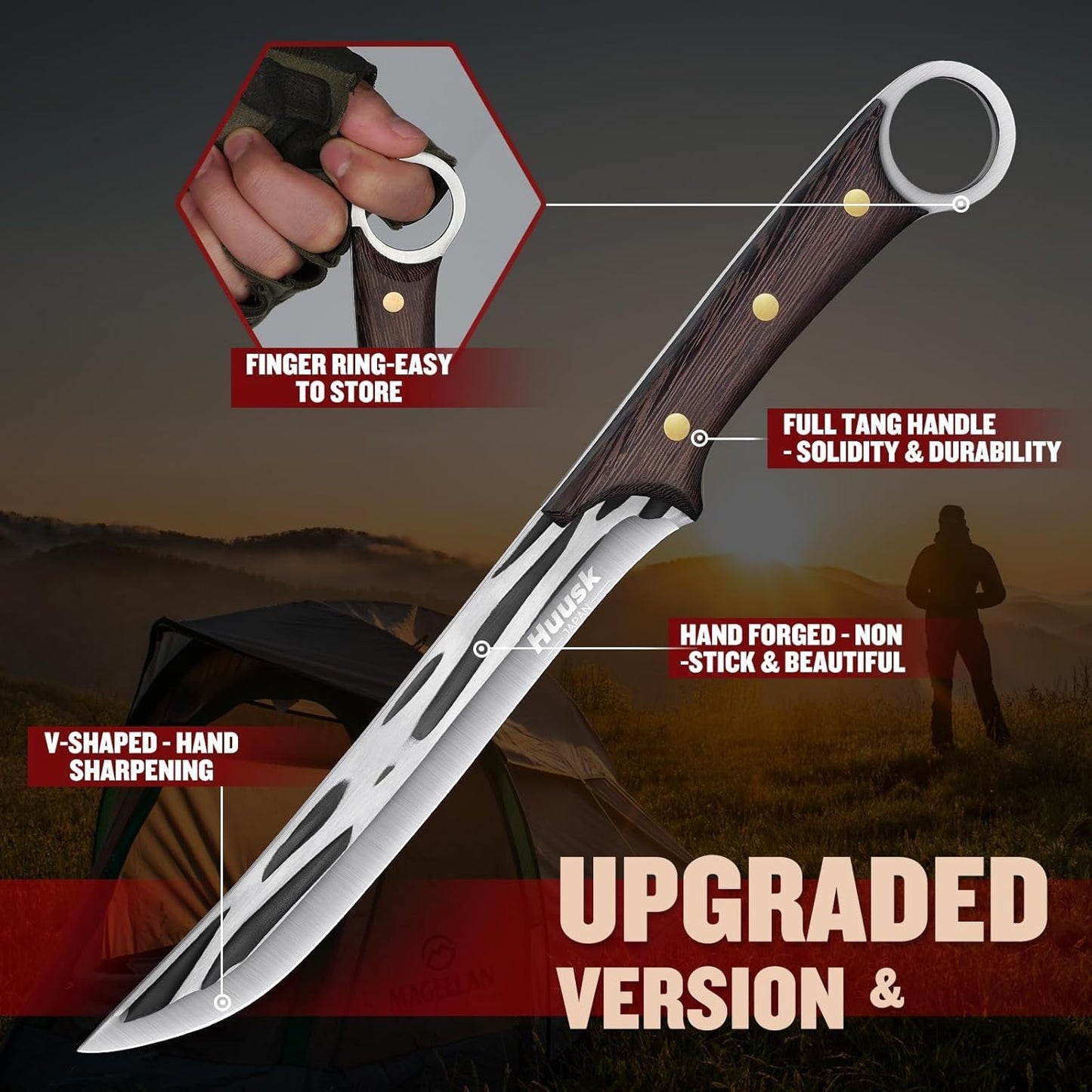 Huusk Viking Knife with Sheath - Hand Forged Butcher Knife for Meat Cutting - High Carbon Steel Meat Knives- Multipurpose Japanese Chef Knives for Camping, Outdoor, BBQ, Gift for Men and Women