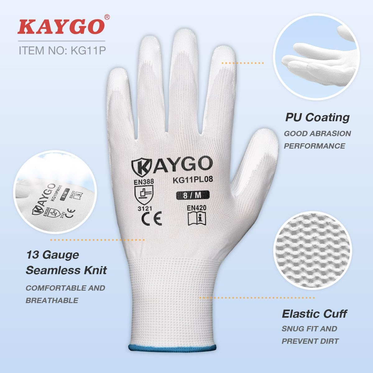KAYGO Work Gloves for Men and Women,12 Pairs Seamless Knit PU Coated Safety Gloves, with Smooth Grip on Palm and Fingers, Ideal for Light Warehouse, Manufacturing, Gardening, KG11P (M, Black)