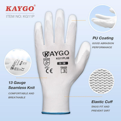 KAYGO Work Gloves for Men and Women,12 Pairs Seamless Knit PU Coated Safety Gloves, with Smooth Grip on Palm and Fingers, Ideal for Light Warehouse, Manufacturing, Gardening, KG11P (M, Black)