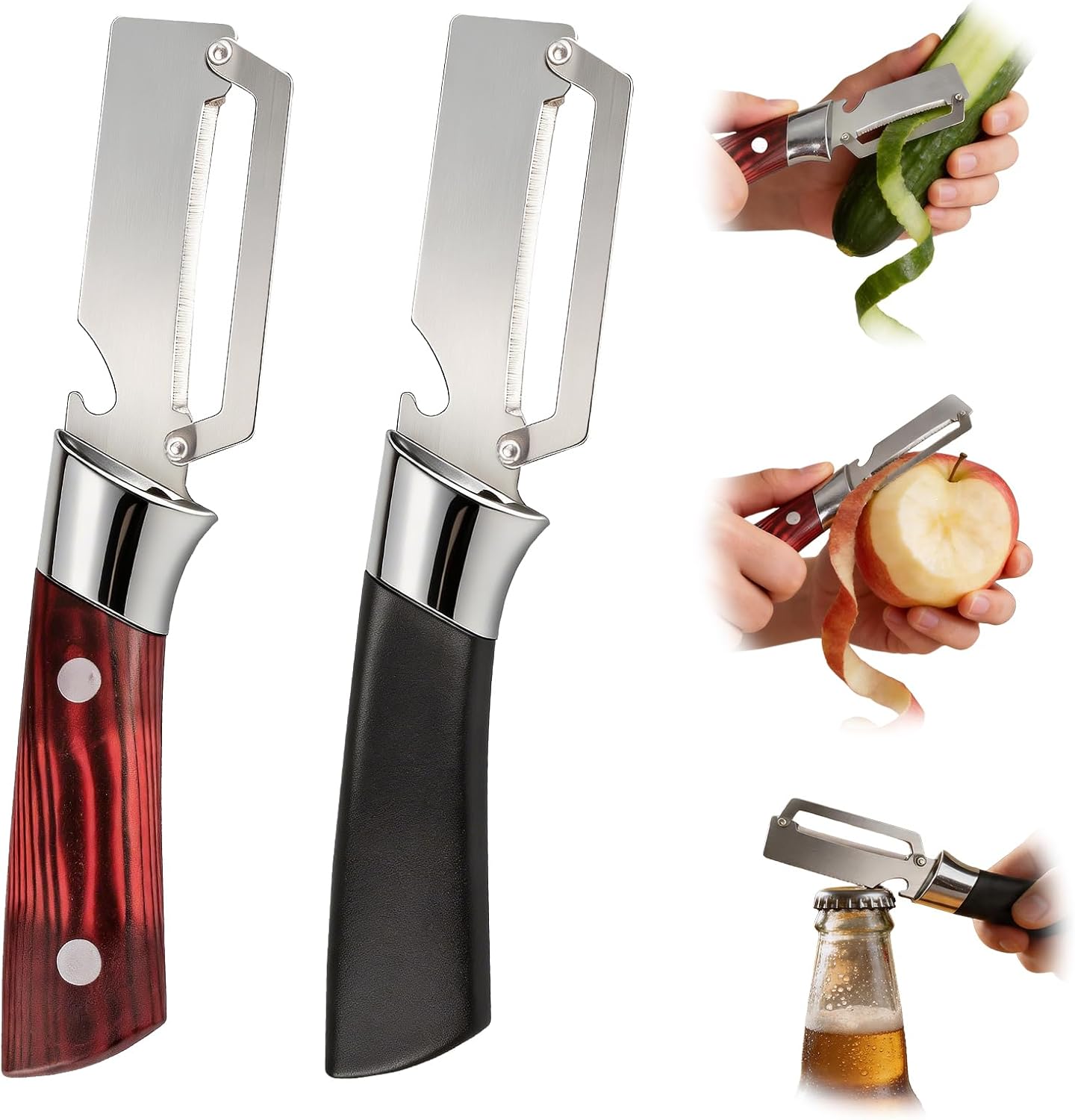 Multifunctional Vegetable Peeler, 2 in 1 Stainless Steel Fruit Veggie Peeler, Handheld Potato Peeler Knife with Bottle Opener Kitchen Tool for Peeling Carrrot Pineapple Pumpkin Papaya(2 Pack)