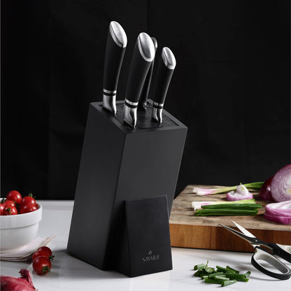 Navaris Universal Knife Block Holder - Rubber Wood Stand with Bristles to Fit Different Sizes of Knives - Angled Design, 9.8" x 5.9" x 4.1’" - Black