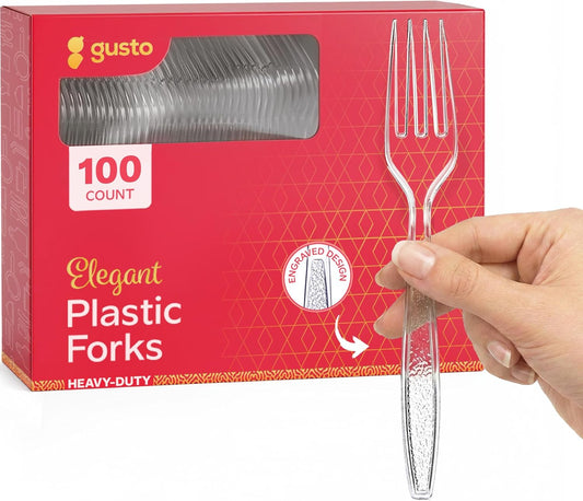 GUSTO [100 Pack Clear Plastic Knives Heavy Duty with Engraved Design - Disposable, Sturdy for Parties, Weddings, and Events-(Formerly Comfy Package)