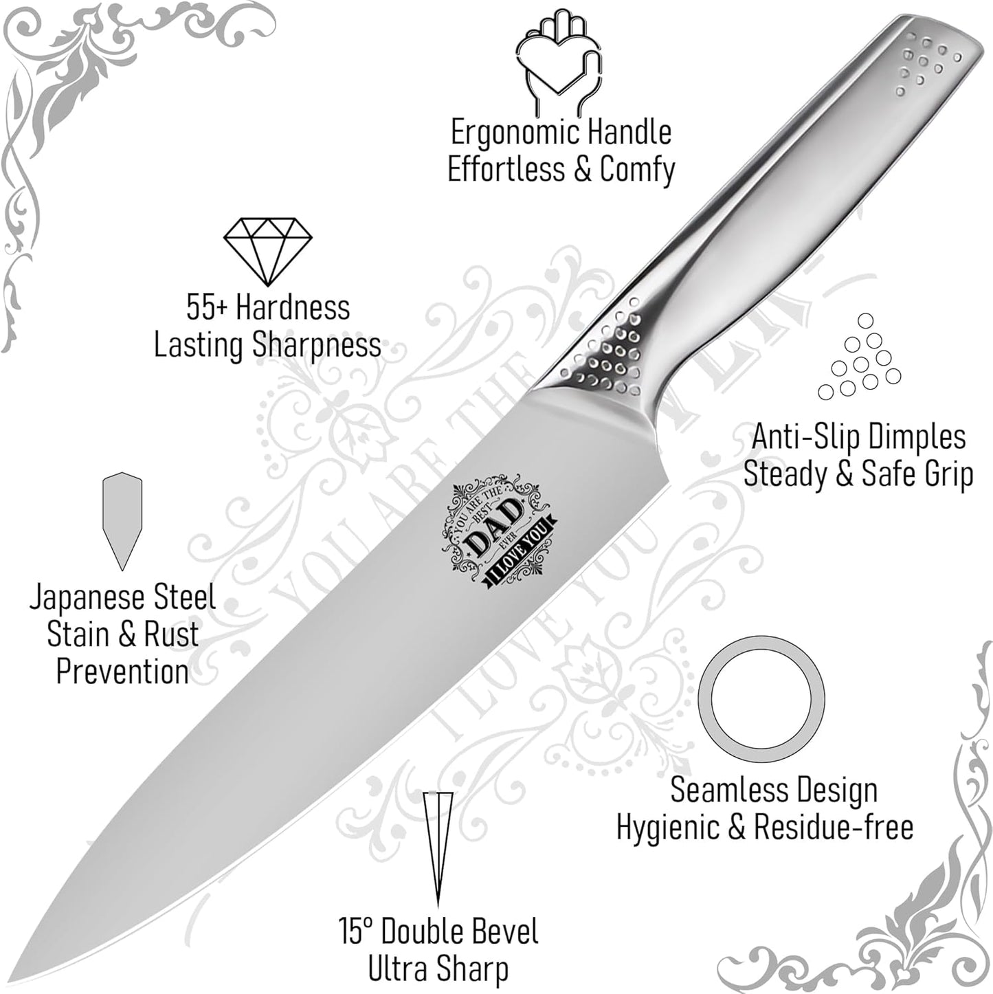 Fathers Day Dad Gifts from Son Daughter - Best Dad Ever Engraved 8 inch Chef Knife Present for Dad Birthday Father Day Kitchen Gadgets