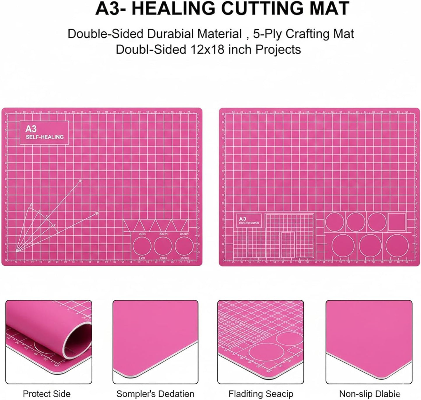 Cutting Mat A3 Pink, Self Healing Cutting Mat 12x18 Inch, 5-Ply Rotary Cutting Board Double-sided for Cutting Quilting Modeling Projects