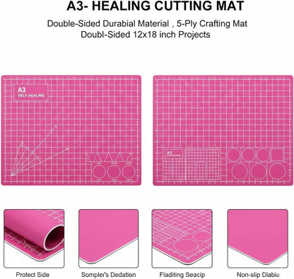 Cutting Mat A3 Pink, Self Healing Cutting Mat 12x18 Inch, 5-Ply Rotary Cutting Board Double-sided for Cutting Quilting Modeling Projects