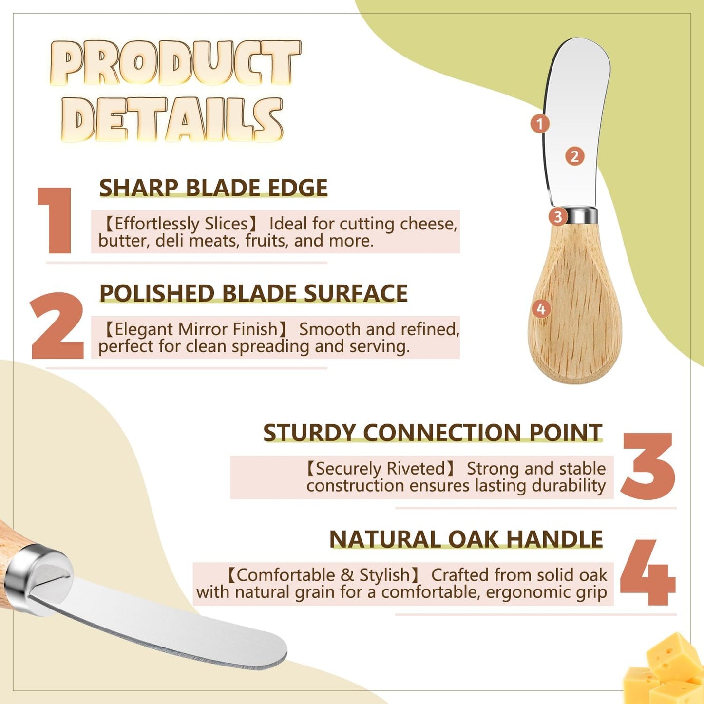 Butter Knife Spreader, Cheese Spreader Knives Set of 4, Stainless Steel Butter Knives with Acacia Wood Handle, Small Cheese Knives for Cold Butter, Soft Cheese Spreader, Jam, Charcuterie, Pastry