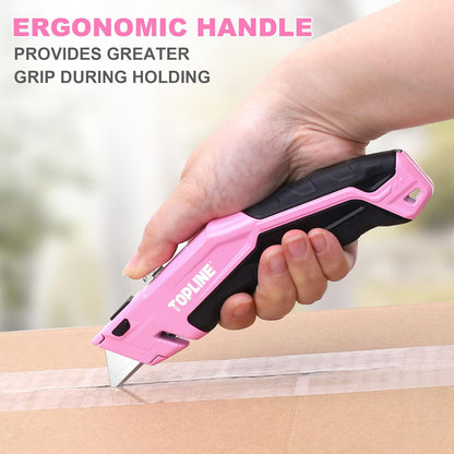 TOPLINE Retractable Pink Utility Knife, Retractable Pink Box Cutter, Blade Storage Design, 18-Piece SK5 Blades and a Dispenser Included