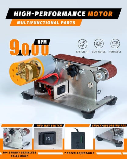 Mini Belt Sander, Electric Small Sander Knife Making Supplies, 7 Adjustable Speed Electric Knife Sharpener, Power Belt Grinder for Woodworking, Metal Working DIY (6.5'' x 6.8'' x 4.8'')