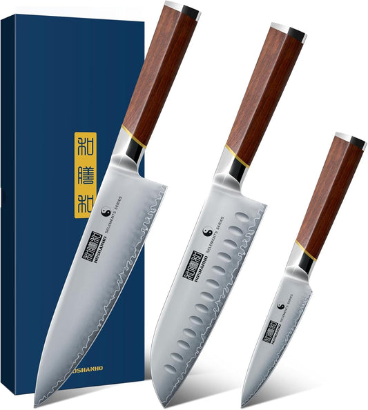 HOSHANHO 8 Pieces Knife Set with Magnetic Block, Ultra-Sharp High-carbon Steel Kitchen Knife Set, Professional Knife Block Set with Ergonomic Wooden Handle & Sharpener