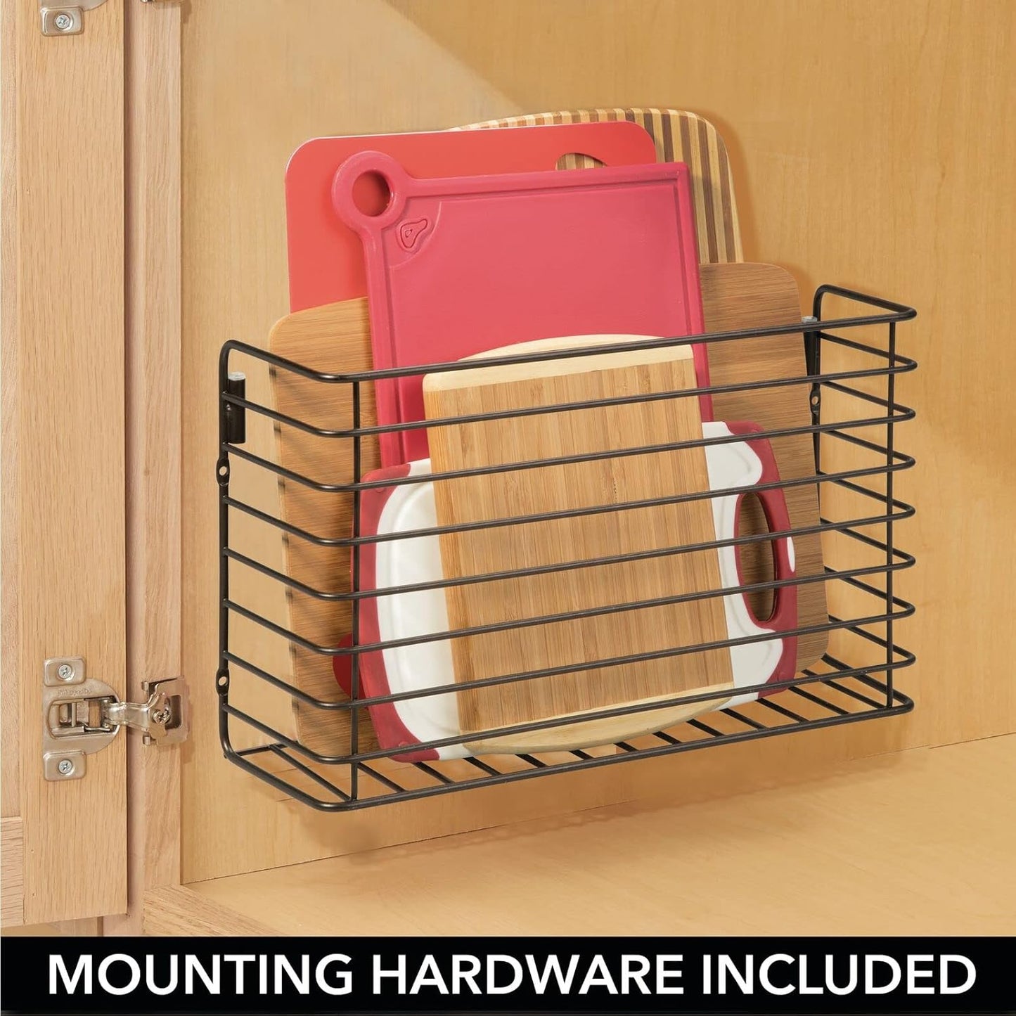 mDesign Over The Cupboard Hanging Storage Basket – Metal Bakeware Organiser and Cutting Board Holder – Excellent Kitchen Storage Solution – Bronze