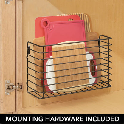 mDesign Over The Cupboard Hanging Storage Basket – Metal Bakeware Organiser and Cutting Board Holder – Excellent Kitchen Storage Solution – Bronze
