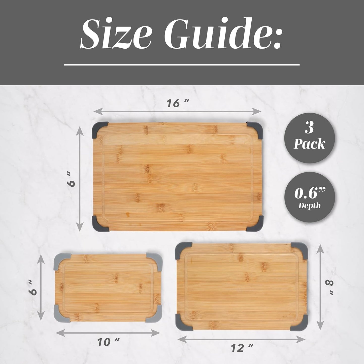 COOK WITH COLOR Non-Slip Cutting Board Set – Kitchen Essentials with Easy Grip Handle for Meat, Veggies, and Fruits, 3 Cutting Boards, Bamboo Non-Slip Grey