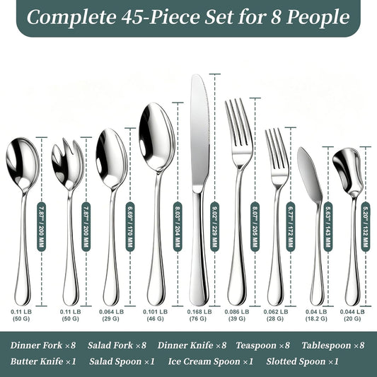 45-Piece Silverware Set with Organizer – Stainless Steel Flatware Cutlery Set for 8, Includes Forks, Knives, Spoons & Serving Utensils, for Dining, Entertaining & Housewarming