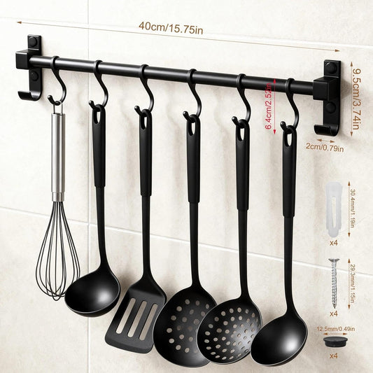 Kitchen Hanging Rack Utensil Rod, Metal Kitchen Holder Hanger, Wall Mounted Storage Rail Rack with 6 Movable Hooks for Hanging Cooking Utensils, Mugs, Spoons (31.5 inch, Black)