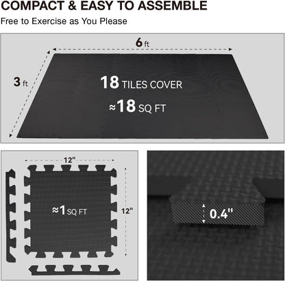 AIRHOP 18 Tiles Gym Floor Mat, EVA Foam Puzzle Gym Mat, High-Density Interlocking Foam Floor Tiles for Home Gym, Play Workout Garage Kitchen Flooring