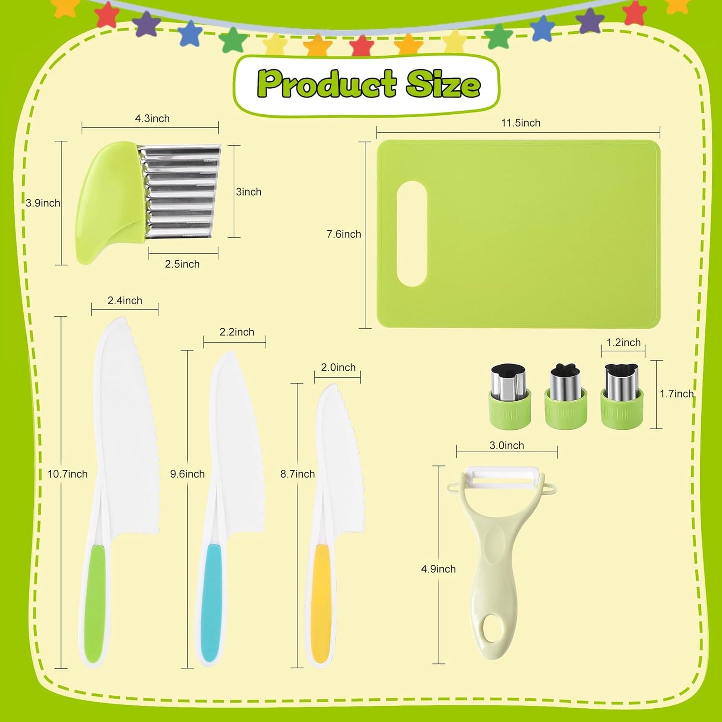 9PCS Montessori Kitchen Tools Cookware Baking Toy, Kids Knife Set for Real Cooking with Cutting Boards, Crinkle Cutte, Y Peeler, Serrated Edges Plastic Toddler Knife Kid Safe Knives