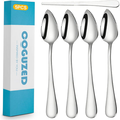 CoguZed 5-Piece Grapefruit Spoon and Knife Set Stainless Steel Serrated Edge Heavy Duty Kitchen Utensils for Grapefruit Oranges Kiwi Citrus Fruits Desserts