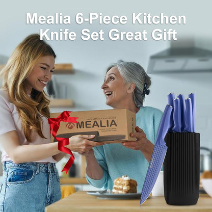 Kitchen Knife Set with Block, 6-Piece Non-stick Stainless Steel Sharp Knives Set for Precision Cutting with Universal Knife Block for Kitchen, Ergonomic Design & Dishwasher Safe, Pink