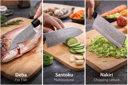 3-Piece Japanese Knife Set | 170mm Santoku, 170mm Nakiri, 120mm Deba | Tsuchime Hammered Finish | Authentic Made in Japan | Gift Box Included