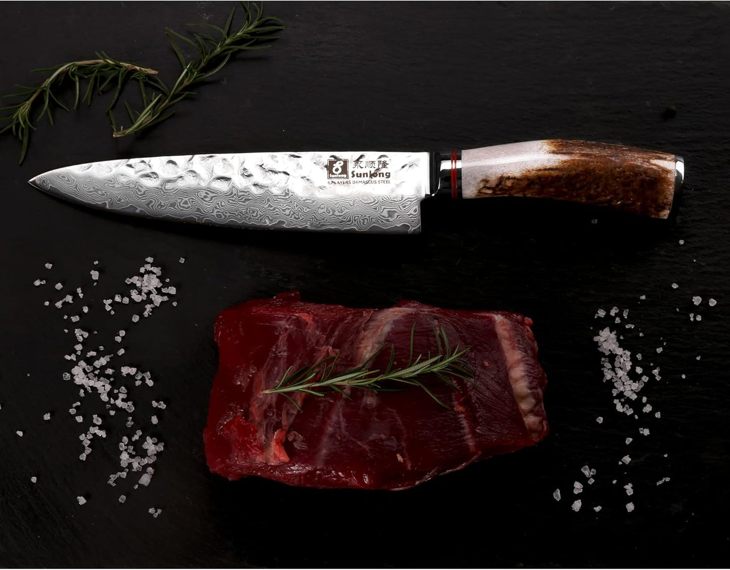 SUNLONG Usuba & Nakiri Knife 6.5 inch Fruit and Vegetable Knife Japanese Hammered Damascus Steel Super sharp - Natural Deer Horn Handle