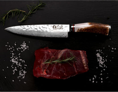 SUNLONG Usuba & Nakiri Knife 6.5 inch Fruit and Vegetable Knife Japanese Hammered Damascus Steel Super sharp - Natural Deer Horn Handle