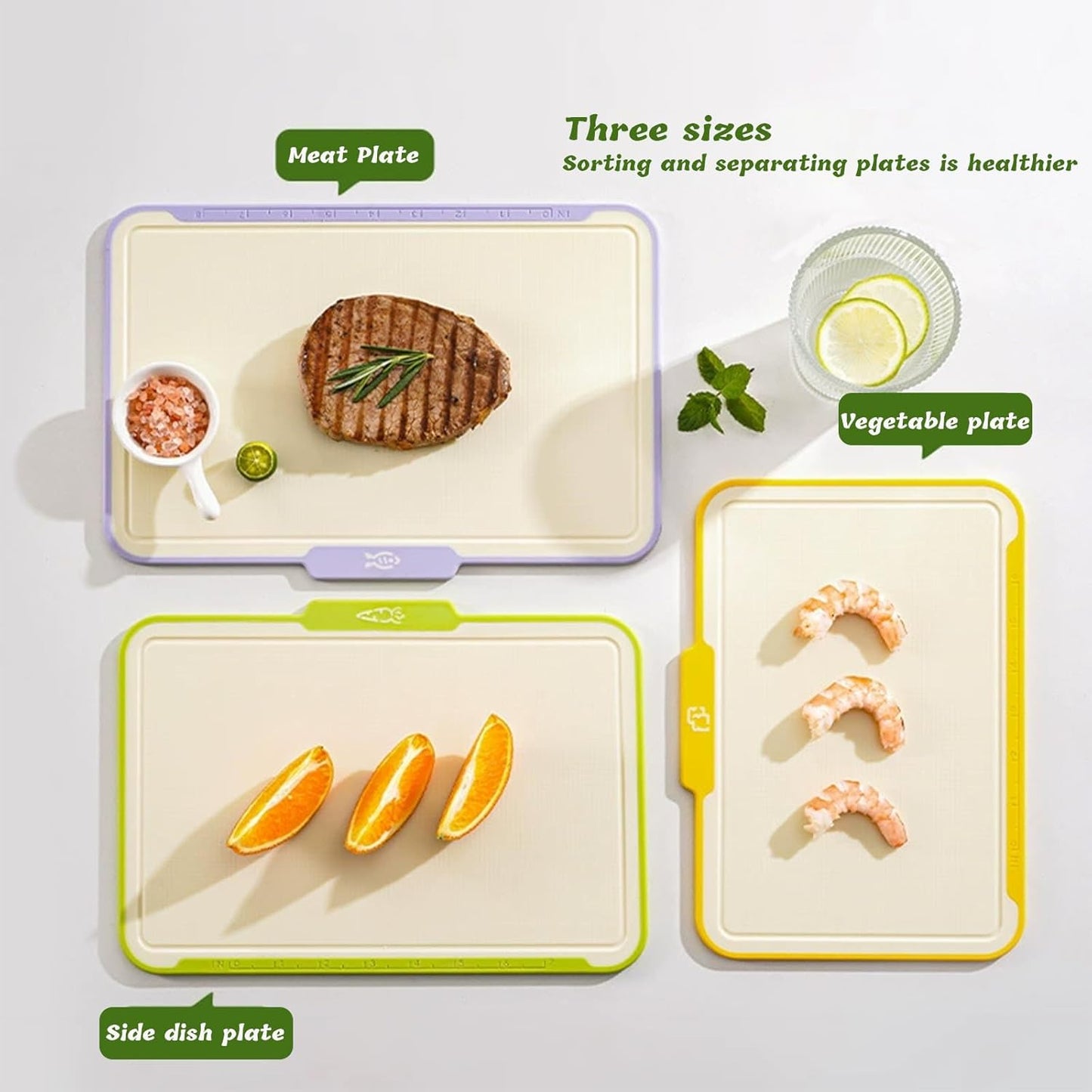 Plastic Cutting Boards for Kitchen, 4-Pieces Cutting Board With Food Icons And Storage Stand, Easy Grip Handle, Professional Chopping Board Set for Meat, Veggies, Fruits（12.9"X 9.4" X 3.1")