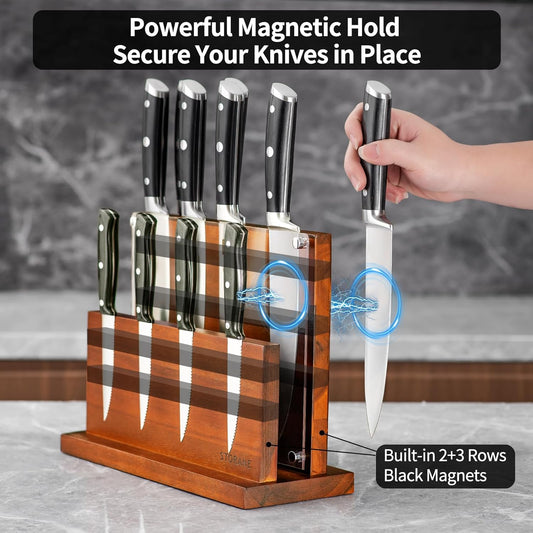 Magnetic Knife Block Extra Large Four-Side Kitchen Knife Holder With Strong Magnetic Strips -Acacia Wood Universal Knife Storage Organizer with Acrylic Shield No Drilling Rack for Kitchen Counter