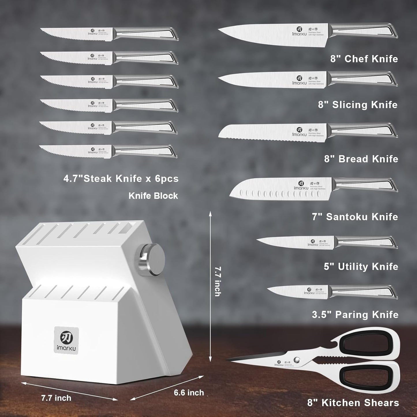 imarku Kitchen Knife Set with Block and Built-in Sharpener, Japanese Stainless Steel 14-Piece Knife Set with Utility Knife, Dishwasher Safe, Non-Slip Ergonomic Handles, Essential Gift for Home Cooks