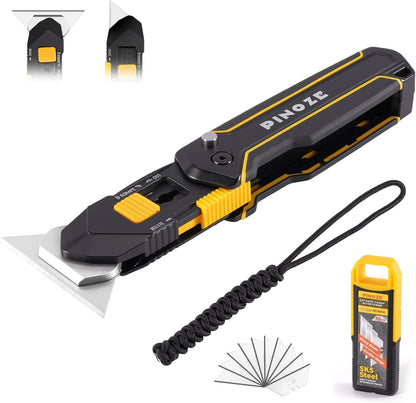 PINOZE Utility Knife Scraper, 3-in-1 Retractable Box Cutter with Lanyard & Blade Storage, Heavy Duty Zinc Alloy Multi-functional Knife with 10pcs SK2 Blades, EDC Tool for Home, Office, DIY