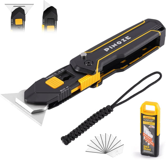 PINOZE Utility Knife Scraper, 3-in-1 Retractable Box Cutter with Lanyard & Blade Storage, Heavy Duty Zinc Alloy Multi-functional Knife with 10pcs SK2 Blades, EDC Tool for Home, Office, DIY