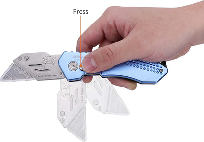 Amazon Basics Folding Utility Knife Box Cutter with Locking Mechanism, Quick Change Blade, Lightweight Aluminum Body, Holster, Light Blue