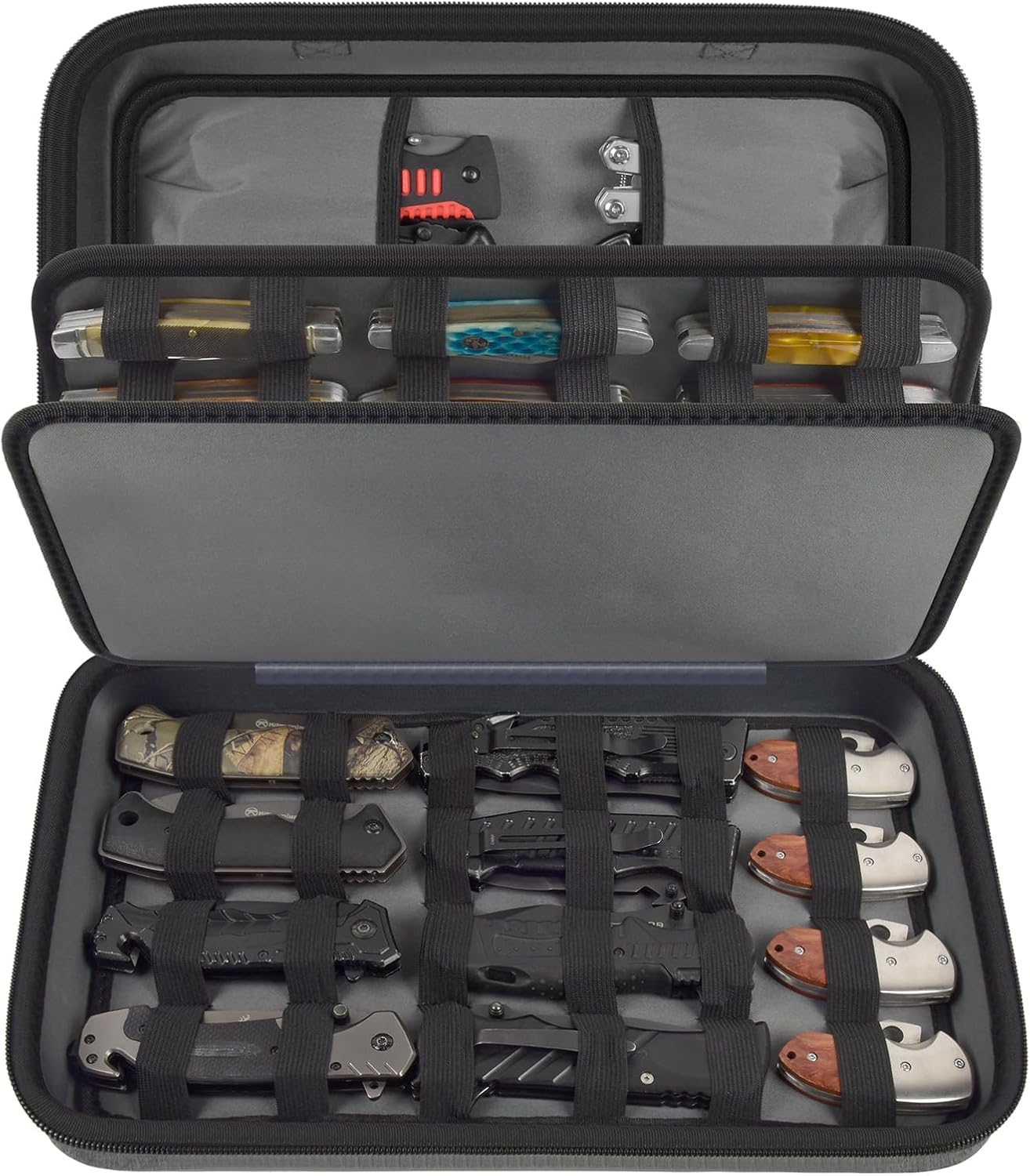 ANKHOH Knife Display Case for 56+ Pocket Knives, Collection Storage & Display Holder for Folding, EDC, Tactical, Survival Knives, Portable Carrying Box for Hunting, Camping(Brown)