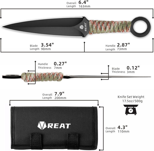 REAT Throwing Knives - 12 Piece, 6.5" 440 Stainless Steel with Cord-Wrapped Handle, Includes Nylon Carrying Case for Safe Storage,Ninja Kunai Knives for Competition,Recreation (Black/Camouflage)