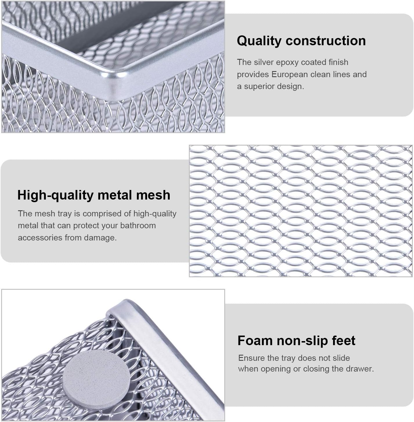 WuGeShop Mesh Silverware Tray Drawer Organizer, Kitchen Utensils Flatware with Anti-slip Mats, Silverware Storage Cutlery Tray for Knives Fork Spoon (5 Separate Compartments, Silver)