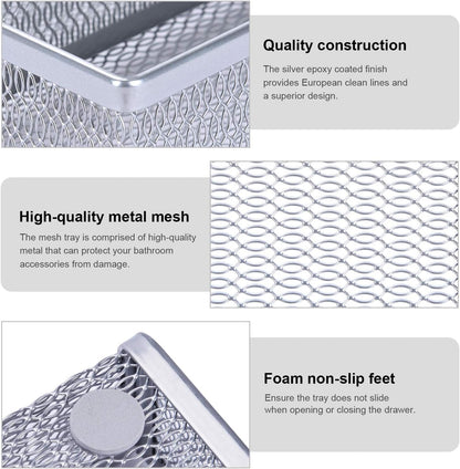 WuGeShop Mesh Silverware Tray Drawer Organizer, Kitchen Utensils Flatware with Anti-slip Mats, Silverware Storage Cutlery Tray for Knives Fork Spoon (5 Separate Compartments, Silver)