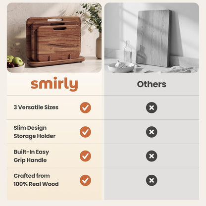 SMIRLY Wooden Cutting Boards for Kitchen, Double-Sided Cutting Board with Handle, Heavy Duty Solid Acacia Wood Cutting Board Set with Stand, 3 Pcs Cutting Boards Non Toxic for Meat Vegetable Fruit