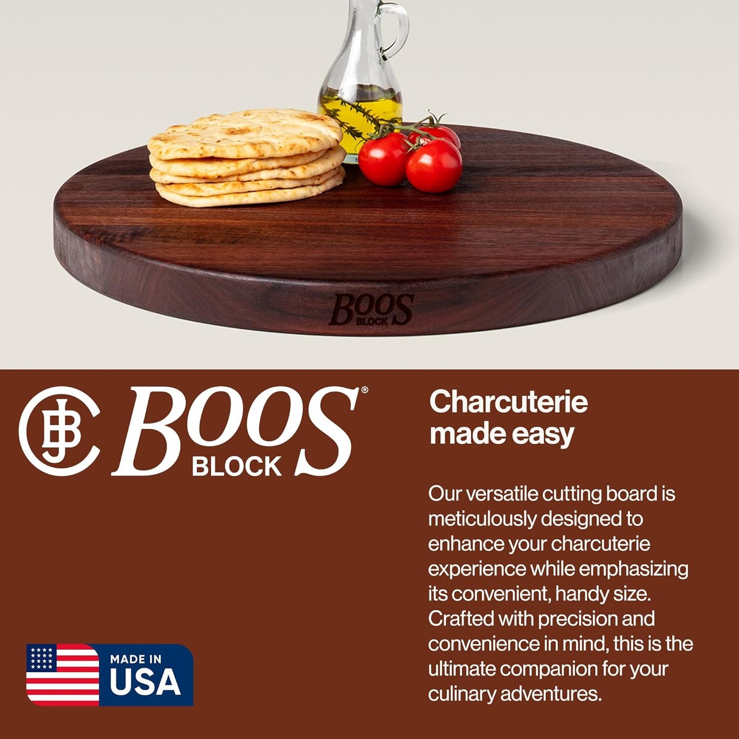 John Boos R-Board Series Round Wooden Cherry Cutting Board 18”x18” – 1.5” Thick, 10.5-lb Reversible Butcher Block with Edge-Grain – Made in the USA