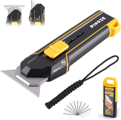 PINOZE Utility Knife Scraper, 3-in-1 Retractable Box Cutter with Lanyard & Blade Storage, Heavy Duty Zinc Alloy Multi-functional Knife with 10pcs SK2 Blades, EDC Tool for Home, Office, DIY