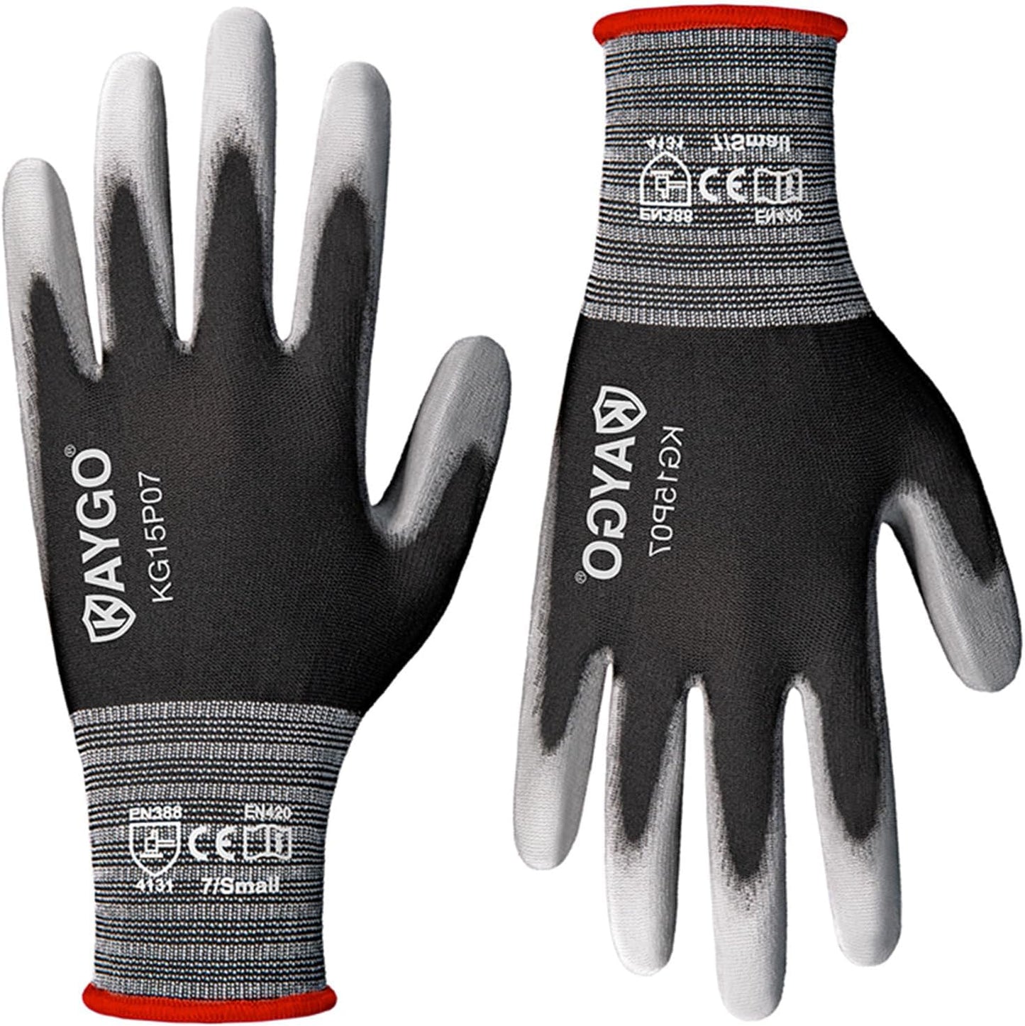 KAYGO Ultra Thin PU Coated Safety Work Gloves, 12 Pairs Nylon Knit, High Dexterity Anti-Slip Breathable Light Duty Gloves for Precision, Warehouse, DIY & Electronics (L,Gray)