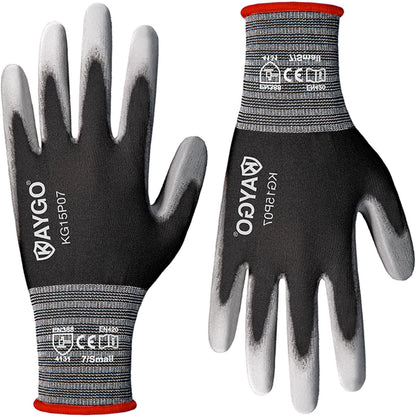 KAYGO Ultra Thin PU Coated Safety Work Gloves, 12 Pairs Nylon Knit, High Dexterity Anti-Slip Breathable Light Duty Gloves for Precision, Warehouse, DIY & Electronics (L,Gray)